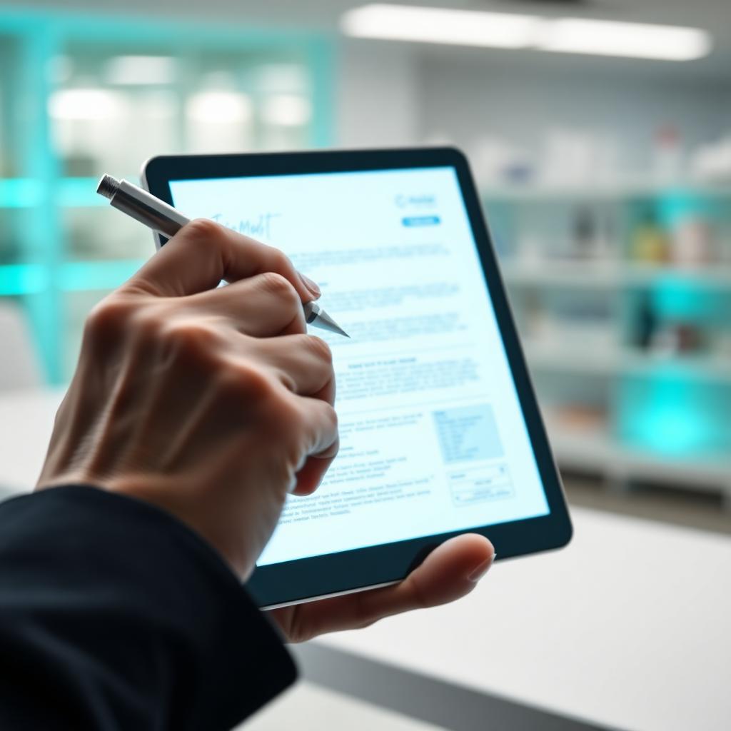 Professional signing a digital document on tablet in lab environment